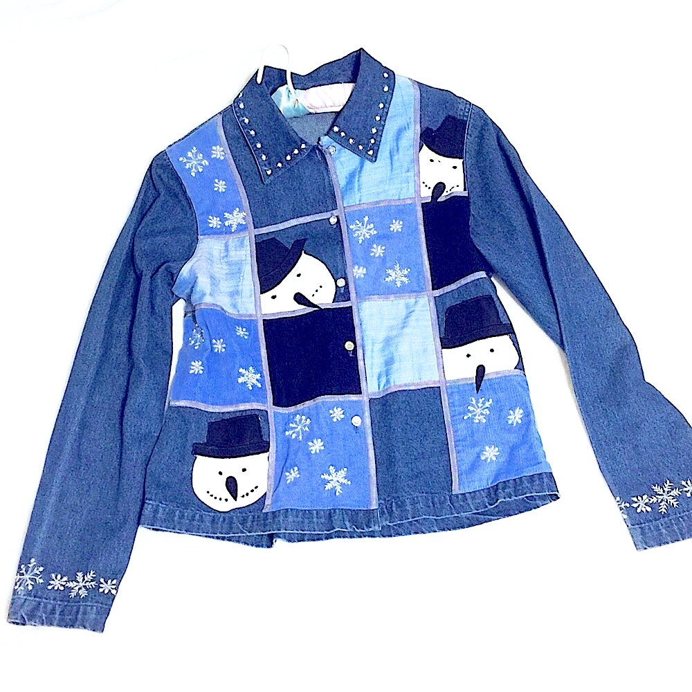 ☃️❄️Rare Winter Snowman Denim Blue Jean Jacket❄️☃️